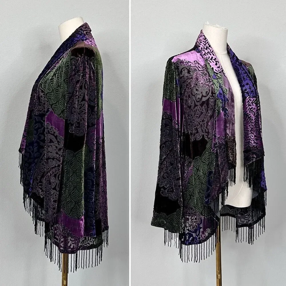 Vtg Y2K Picadilly Burnout Velvet Kimono Fringe Boho Goth 12 Whimsigoth Festival